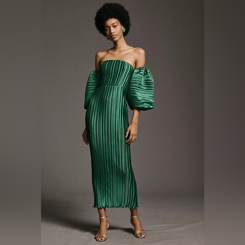 L'IDÉE Sirene Off-Shoulder Puff-Sleeve Pleated Midi Column Dress Anthroplogy